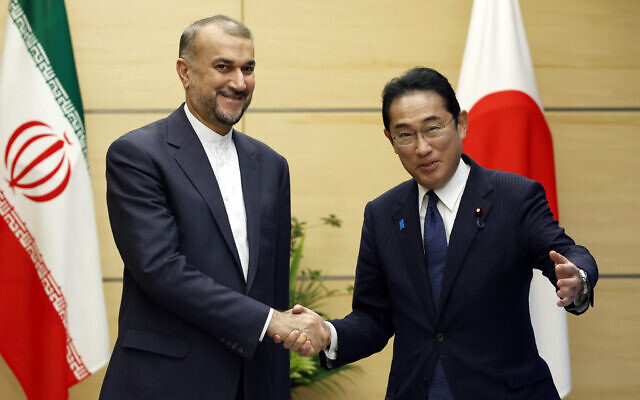 Iranian Foreign Minister Hossein Amir-Abdollahian, left, meets with Japanese Prime Minister Fumio Kishida at Kishida's office in Tokyo Monday, Aug. 7, 2023. (Issei Kato/Pool Photo via AP) Iranian Foreign Minister Hossein Amir-Abdollahian, left, meets with Japanese Prime Minister Fumio Kishida at Kishida's office in Tokyo Monday, Aug. 7, 2023. (Issei Kato/Pool Photo via AP)