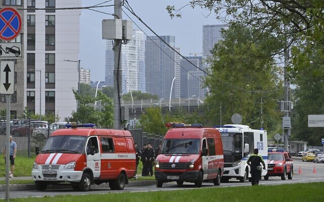 Police and emergency vehicles parked at the side of the wreckage of the drone fell near the Karamyshevskaya embankment to the after a reported drone attack in Moscow, Russia, on Friday, August 11, 2023. (AP Photo) Police and emergency vehicles parked at the side of the wreckage of the drone fell near the Karamyshevskaya embankment to the after a reported drone attack in Moscow, Russia, on Friday, August 11, 2023. (AP Photo)