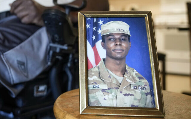 A portrait of American soldier Travis King is displayed as his grandfather, Carl Gates, talks about his grandson on July 19, 2023, in Kenosha, Wis. (AP/Morry Gash) A portrait of American soldier Travis King is displayed as his grandfather, Carl Gates, talks about his grandson on July 19, 2023, in Kenosha, Wis. (AP/Morry Gash)