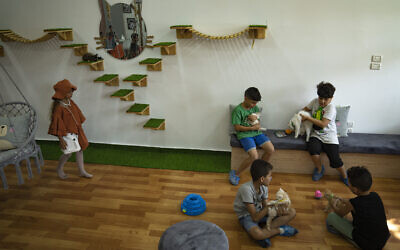 Palestinian children enjoy the company of cats on the opening day of Meow Cafe in Gaza City, August 17, 2023. (AP Photo/Fatima Shbair)