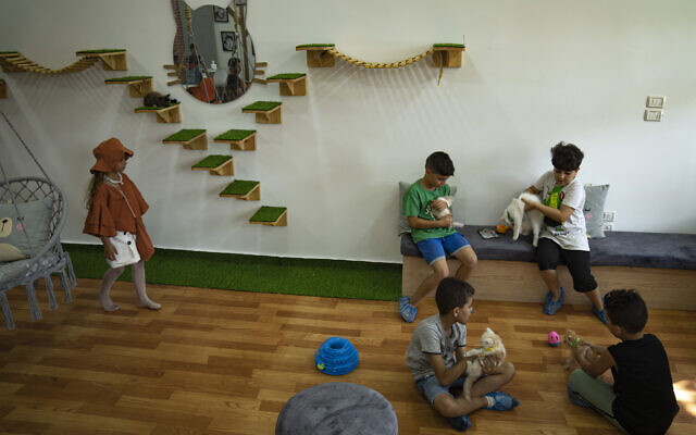 Palestinian children enjoy the company of cats on the opening day of Meow Cafe in Gaza City, August 17, 2023. (AP Photo/Fatima Shbair) Palestinian children enjoy the company of cats on the opening day of Meow Cafe in Gaza City, August 17, 2023. (AP Photo/Fatima Shbair)