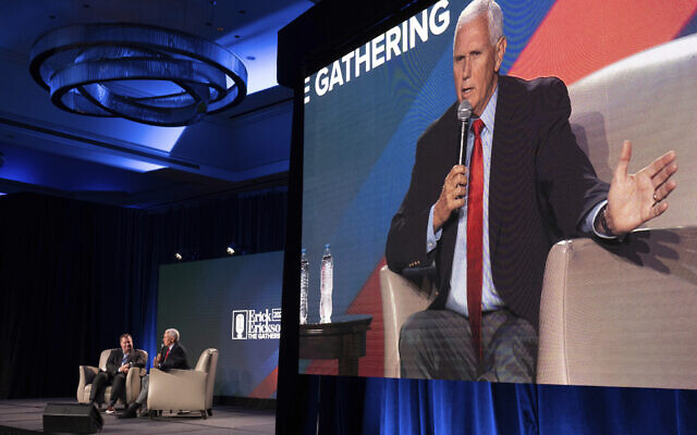 US presidential candidate and former Vice President Mike Pence speaks at The Gathering in Atlanta on August 18, 2023. (Ben Gray/AP) US presidential candidate and former Vice President Mike Pence speaks at The Gathering in Atlanta on August 18, 2023. (Ben Gray/AP)