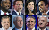This combination of photos shows Republican presidential candidates, top row from left, Sen. Tim Scott, R-South Carolina, Florida Gov. Ron DeSantis, former South Carolina Gov. Nikki Haley, and Vivek Ramaswamy, bottom row from left, former New Jersey Gov. Chris Christie, former Vice President Mike Pence, North Dakota Gov. Doug Burgum and former Arkansas Gov. Asa Hutchinson. (AP Photo)