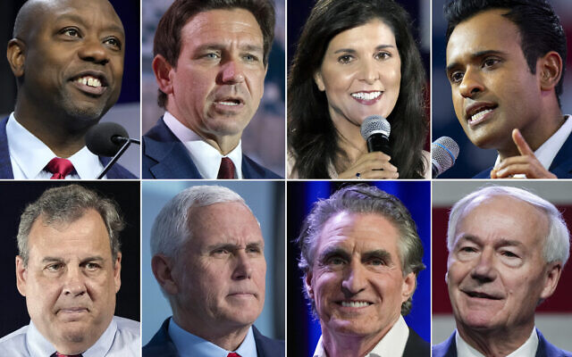 This combination of photos shows Republican presidential candidates, top row from left, Sen. Tim Scott, R-South Carolina, Florida Gov. Ron DeSantis, former South Carolina Gov. Nikki Haley, and Vivek Ramaswamy, bottom row from left, former New Jersey Gov. Chris Christie, former Vice President Mike Pence, North Dakota Gov. Doug Burgum and former Arkansas Gov. Asa Hutchinson. (AP Photo) This combination of photos shows Republican presidential candidates, top row from left, Sen. Tim Scott, R-South Carolina, Florida Gov. Ron DeSantis, former South Carolina Gov. Nikki Haley, and Vivek Ramaswamy, bottom row from left, former New Jersey Gov. Chris Christie, former Vice President Mike Pence, North Dakota Gov. Doug Burgum and former Arkansas Gov. Asa Hutchinson. (AP Photo)