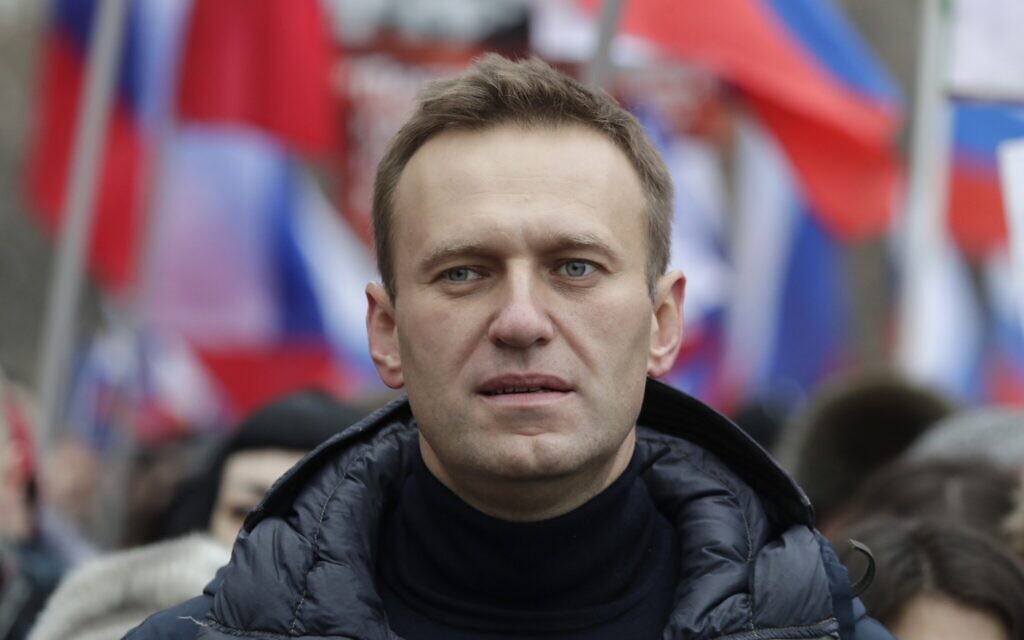 In this Sunday, February 24, 2019, file photo, Russian opposition activist Alexei Navalny takes part in a march in memory of opposition leader Boris Nemtsov in Moscow, Russia. (AP/Pavel Golovkin, File)