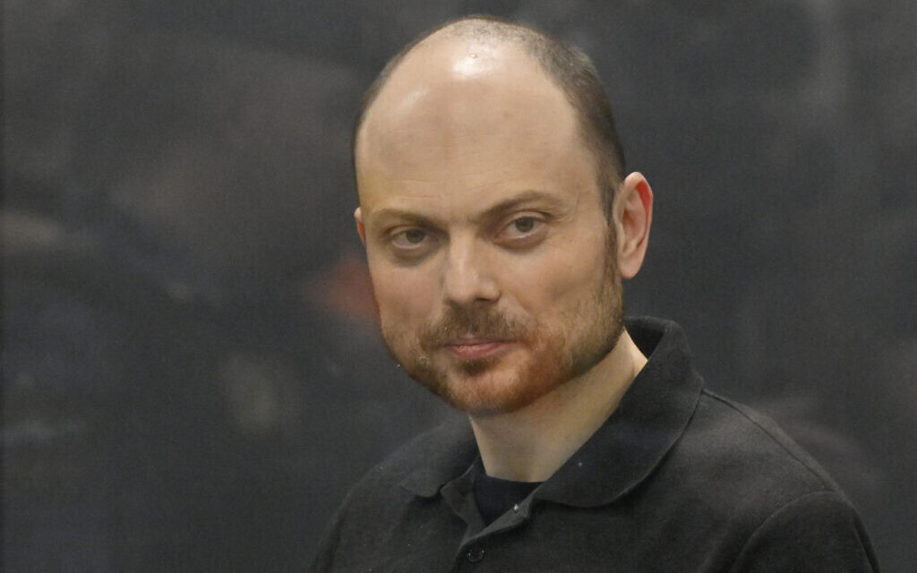 Russian opposition activist Vladimir Kara-Murza stands in a glass cage in a courtroom during announcement of the verdict on appeal at the Moscow City Court in Moscow, Russia, Monday, July 31, 2023. The prominent opposition figure survived what he believes were attempts to poison him in 2015 and 2017. He nearly died from kidney failure in the first instance and suspects poisoning but no cause was determined. He was hospitalized with a similar illness in 2017 and put into a medically induced coma. His wife said doctors confirmed he was poisoned. (AP/Dmitry Serebryakov, File)