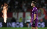 Maccabi's goalkeeper Daniel Peretz reacts end of the Europa Conference League play-off, second leg soccer match between Nice and Maccabi Tel Aviv at the Allianz Riviera stadium in Nice, France, August 25, 2022. (AP Photo/Daniel Cole, File)