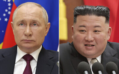 Russian President Vladimir Putin listens during a meeting in Moscow, August 23, 2023, left, and North Korean leader Kim Jong Un speaks during a meeting of the ruling Workers' Party at its headquarters in Pyongyang, North Korea, in early 2023.  (Mikhail Klimentyev, Sputnik, Kremlin Pool and Korean Central News Agency/Korea News Service via AP)