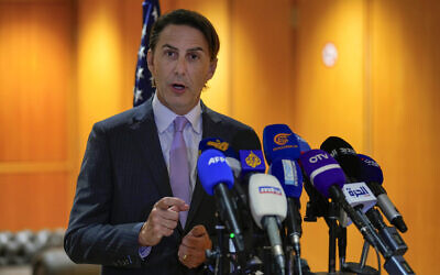Amos Hochstein, a senior adviser to US President Joe Biden, speaks to journalists at Beirut Rafik Hariri International Airport after his meeting with Lebanese officials, in Beirut, Lebanon, August 31, 2023. (AP/Bilal Hussein)