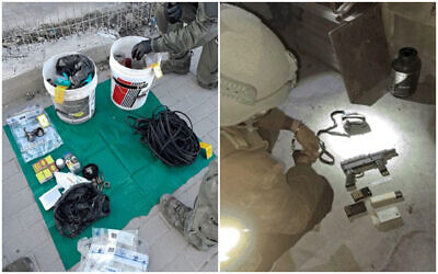 Bomb-making materials and a makeshift submachine gun seized by Israeli forces in the West Bank town of Biddu, July 2023. (Shin Bet)