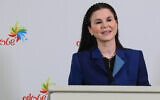 Ofra Strauss speaks during a press conference at Strauss Group's main offices in Petah Tikva, April 28, 2022. (Avshalom Sassoni/Flash90)