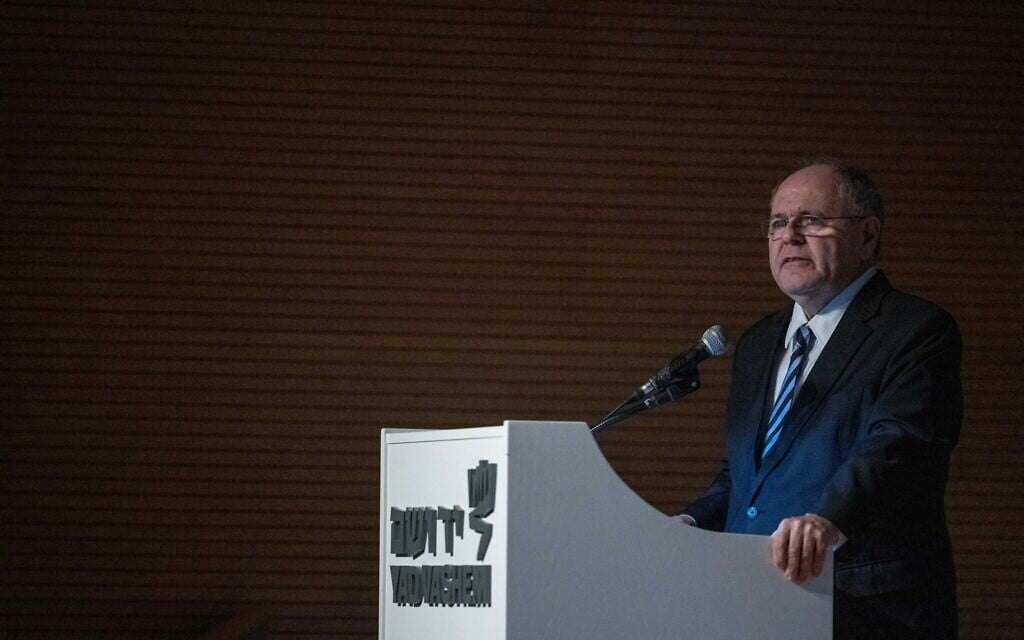 Yad Vashem chairman Dani Dayan at a book launch event at the Yad Vashem Holocaust Remembrance Center in Jerusalem, on January 19, 2023.  (Yonatan Sindel/Flash90)