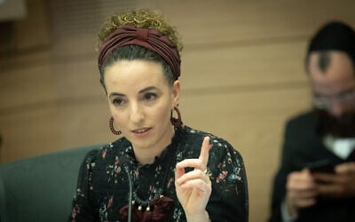 Environmental Protection Minister Idit Silman speaks during an Interior and Environmental Protection Committee meeting at the Knesset on March 20, 2023. (Yonatan Sindel/Flash90)