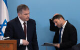 Finance Minister Bezalel Smotrich, right, and Education Minister Yoav Kisch at a press conference at the Prime Minister's Office in Jerusalem, April 30, 2023. (Alex Kolomoisky/POOL)