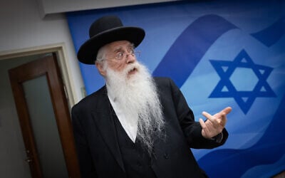 Minister for Jerusalem Affairs and Jewish Heritage Meir Porush arrives for the weekly cabinet meeting at the Prime Minister's Office in Jerusalem on May 14, 2023. (Yonatan Sindel/Flash90)