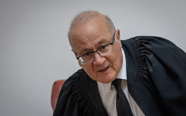 Supreme Court Judge Yosef Elron arrives for a hearing, at the Supreme Court in Jerusalem, May 22, 2023. (Yonatan Sindel/Flash90) Supreme Court Judge Yosef Elron arrives for a hearing, at the Supreme Court in Jerusalem, May 22, 2023. (Yonatan Sindel/Flash90)