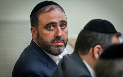 Health Minister Moshe Arbel seen during a meeting of his Shas faction at the Knesset, Jerusalem, on July 10, 2023. (Chaim Goldberg/Flash90)