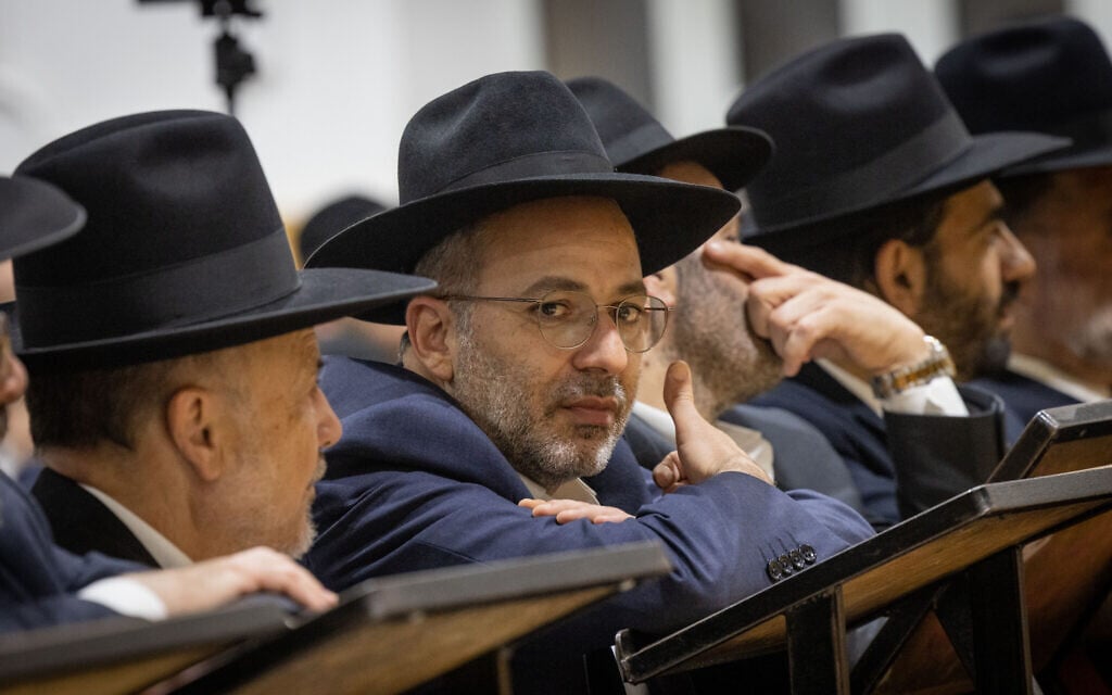 Erez Malul, a lawmaker for Shas, attends the coronation ceremony of Rabbi Yehuda Cohen at a synagogue in Jerusalem, July 13, 2023. (Chaim Goldberg/Flash90) Erez Malul, a lawmaker for Shas, attends the coronation ceremony of Rabbi Yehuda Cohen at a synagogue in Jerusalem, July 13, 2023. (Chaim Goldberg/Flash90)