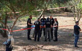 Police at the scene where a man shot his adopted son in Maccabim, on July 14, 2023. (Jonathan Shaul/Flash90)