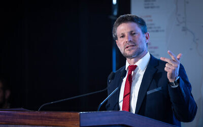 Finance Minister Bezalel Smotrich at a press conference in Jerusalem, July 30, 2023. (Chaim Goldberg/Flash90)