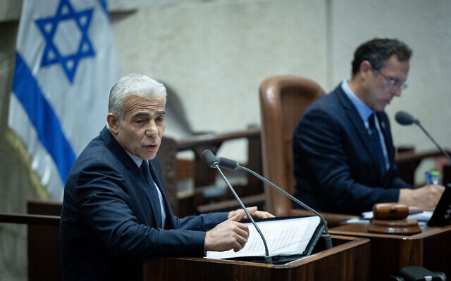 File: Opposition leader Yair Lapid during a discussion and a vote at the Knesset, in Jerusalem, July 30, 2023. (Yonatan Sindel/Flash90) File: Opposition leader Yair Lapid during a discussion and a vote at the Knesset, in Jerusalem, July 30, 2023. (Yonatan Sindel/Flash90)