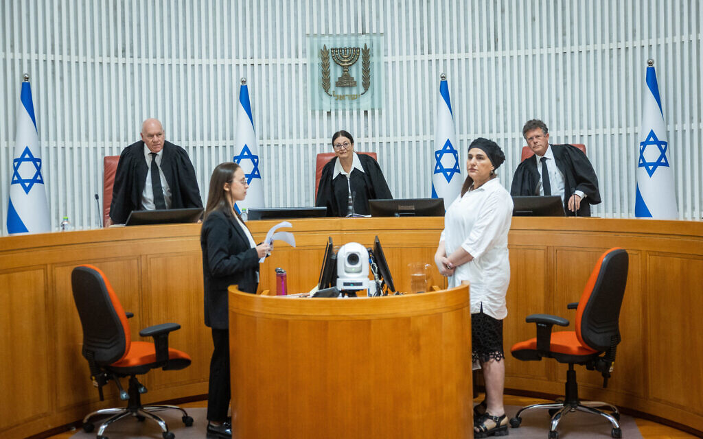 Supreme Court President Esther Hayut and other justices during a court hearing at the Supreme Court in Jerusalem, on August 3, 2023. (Yonatan Sindel/Flash90) Supreme Court President Esther Hayut and other justices during a court hearing at the Supreme Court in Jerusalem, on August 3, 2023. (Yonatan Sindel/Flash90)