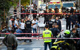 Police and other emergency personnel at the scene of a suspected terror attack in Tel Aviv on August 5, 2023. (Avshalom Sassoni/ Flash90)