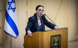 Public Diplomacy Minister Galit Distel Atbaryan speaks at the Knesset, in Jerusalem on August 16, 2023. (Yonatan Sindel/Flash90)