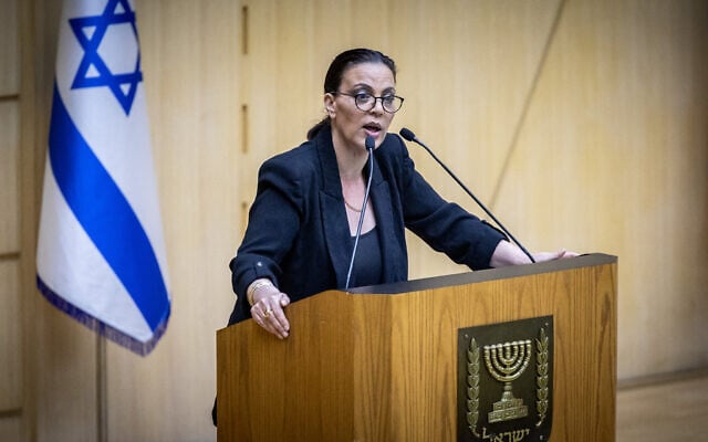 Public Diplomacy Minister Galit Distel Atbaryan speaks at the Knesset, in Jerusalem on August 16, 2023. (Yonatan Sindel/Flash90) Public Diplomacy Minister Galit Distel Atbaryan speaks at the Knesset, in Jerusalem on August 16, 2023. (Yonatan Sindel/Flash90)