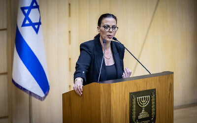 File - Then-public diplomacy minister Galit Distel Atbaryan speaks at the Knesset, in Jerusalem on August 16, 2023. (Yonatan Sindel/Flash90) File - Then-public diplomacy minister Galit Distel Atbaryan speaks at the Knesset, in Jerusalem on August 16, 2023. (Yonatan Sindel/Flash90)