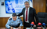 National Security Itamar Ben Gvir, left, and Coastal Region Police Commander Yoram Sofer present a new proposal to eradicate crime in the Arab community, in Jerusalem on August 17, 2023. (Yonatan Sindel/Flash90)
