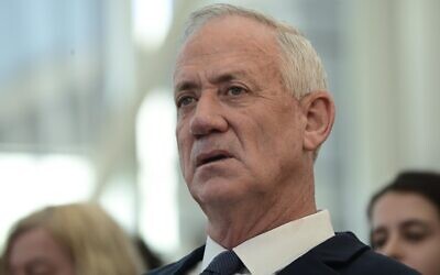 National Unity party leader Benny Gantz at a conference in Tel Aviv, August 20, 2023. (Tomer Neuberg/Flash90)