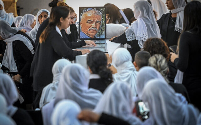 Mourners attend the funeral of 66-year-old Salman Halabi in Yarka, northern Israel, August 23, 2023. (Flash90) Mourners attend the funeral of 66-year-old Salman Halabi in Yarka, northern Israel, August 23, 2023. (Flash90)