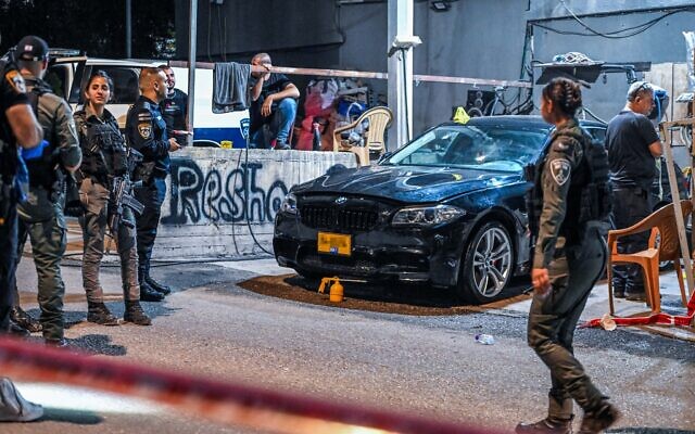 Police at the scene of a shooting attack in the Arab town of Kafr Kanna, August 26, 2023. (Flash90)