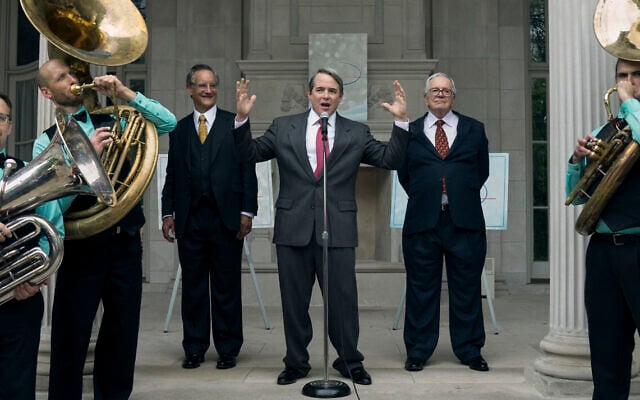 (L to R) John Rothman as Mortimer Sackler, Matthew Broderick as Richard Sackler, Sam Anderson as Raymond Sackler in episode 3 of 'Painkiller.' (Keri Anderson/Netflix © 2023)
