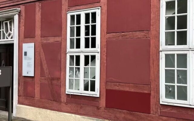 Windows at the Foundation for Memorial Sites in Lower Saxony, in the town of Celle, Germany, were found vandalized, Aug. 15, 2023. (Foundation for Memorial Sites in Lower Saxony) Windows at the Foundation for Memorial Sites in Lower Saxony, in the town of Celle, Germany, were found vandalized, Aug. 15, 2023. (Foundation for Memorial Sites in Lower Saxony)