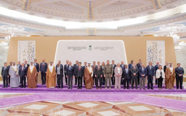 Representatives from over 40 countries posing for a photo during talks on the Russian invasion of Ukraine, in Jeddah, Saudi Arabia, August 6, 2023. (Handout from the Saudi Press Agency) Representatives from over 40 countries posing for a photo during talks on the Russian invasion of Ukraine, in Jeddah, Saudi Arabia, August 6, 2023. (Handout from the Saudi Press Agency)