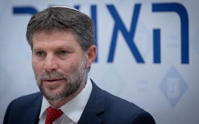 Finance Minister Bezalel Smotrich at a press conference in Jerusalem on August 9, 2023. (Chaim Goldberg/Flash90)