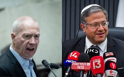 Composite photo showing Defense Minister Yoav Gallant (left) at the Knesset, in Jerusalem, July 30, 2023. (Yonatan Sindel/Flash90); and National Security Minister Itamar Ben Gvir during a meeting with police officers, in Tel Aviv, August 2, 2023. (Avshalom Sassoni/Flash90)