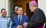 Israel Police Commissioner Kobi Shabtai (L), President Isaac Herzog (C), and Latin Patriach Pierbattista Pizzaballa at the Stella Maris Monastery in Haifa, August 9, 2023. (Kobi Gideon/ GPO)
