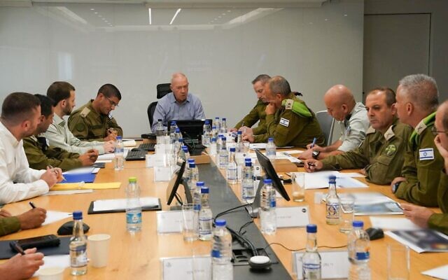 In this handout photo, Defense Minister Yoav Gallant meets with senior officers at the IDF Central Command base in Jerusalem, August 23, 2023. (Ariel Hermoni/Defense Ministry) In this handout photo, Defense Minister Yoav Gallant meets with senior officers at the IDF Central Command base in Jerusalem, August 23, 2023. (Ariel Hermoni/Defense Ministry)
