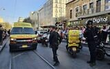 First responders at the scene in Jerusalem where a woman was hit by a police vehicle on the light rail tracks, August 24, 2023. (MDA)