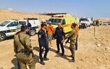 In this handout photo, security forces and rescue personnel are seen near a closed military zone by the Dead Sea where a foreign national was declared dead after being found unconscious, August 27, 2023. (Israel Police)