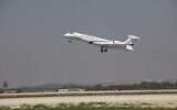 This undated photo published August 27 shows an Oron spy aircraft at an airbase in Israel. (Defense Ministry)