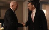 Defense Minister Yoav Gallant (L) meets with White House Coordinator for the Middle East and North Africa Brett McGurk in New York on August 29, 2023. (Ariel Hermoni/Defense Ministry)