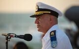 Vice Adm. David Sa'ar Salama, head of the Israeli Navy, speaks at a ceremony at Atlit Naval Base, July 10, 2023. (Israel Defense Forces)