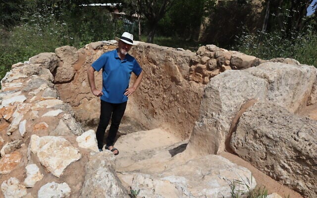 Steve Gray, a member of Kibbutz Hanaton, stands in an ancient mikveh moved to the kibbutz. (Shmuel Bar-Am)