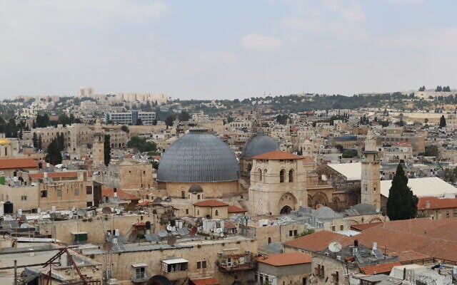 A view of Jerusalem that includes the Chruch of the Holy Sepulchre, from the rooftop of the Christian Information Center. (Shmuel Bar-Am)