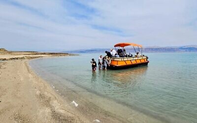 Passengers wade into the waters of the Dead Sea from Noam Bedein's boat on a recent excursion. (Noam Bedein via JTA)