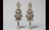 A pair of Torah finials crafted by silversmith Abraham de Oliveyra in the 18th century. (Courtesy Jewish Museum and Museum of Fine Arts)